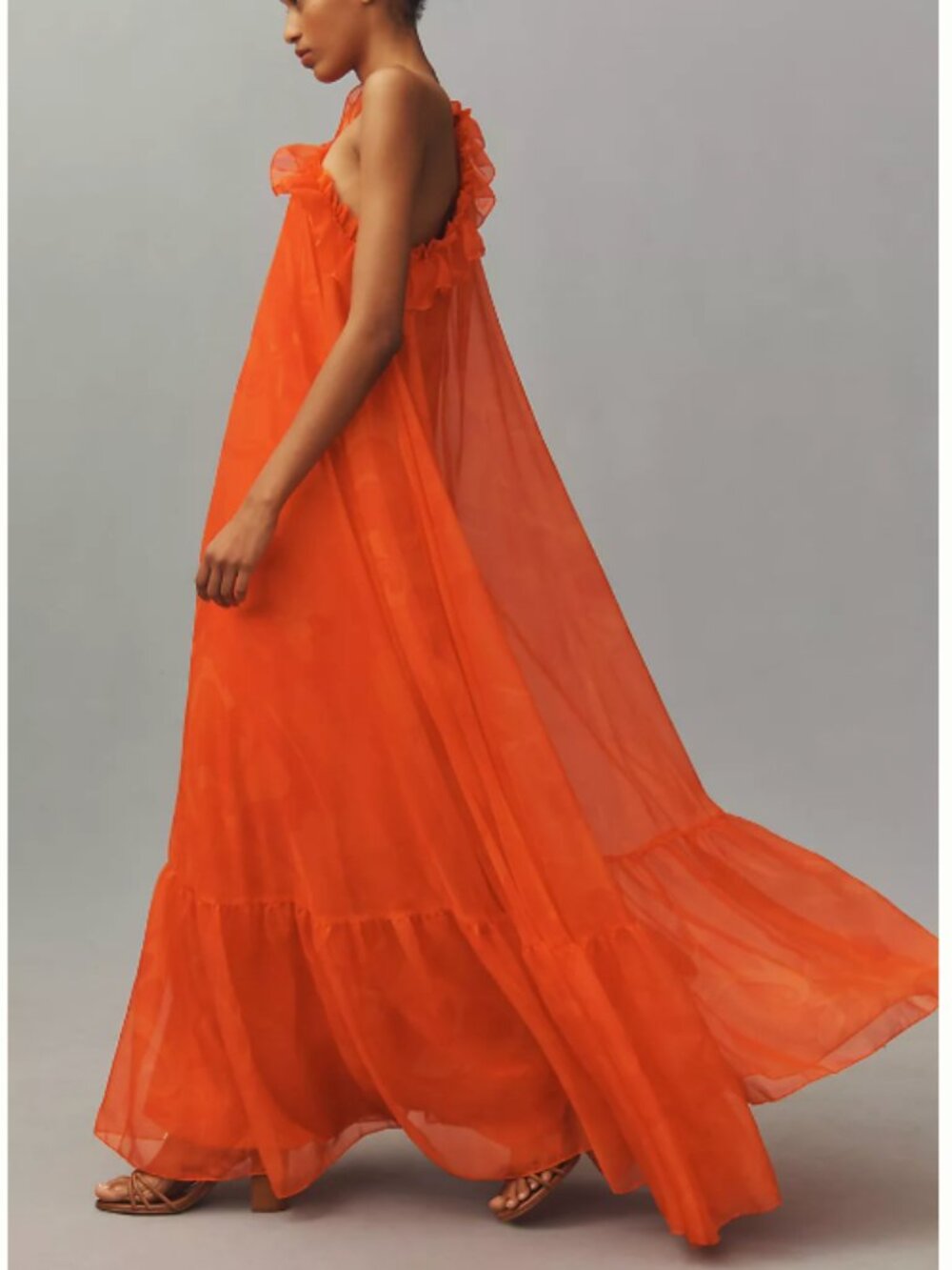 MAC DUGGAL Printed Chiffon One Shoulder Rose Ruffle Maxi Gown -sz 2